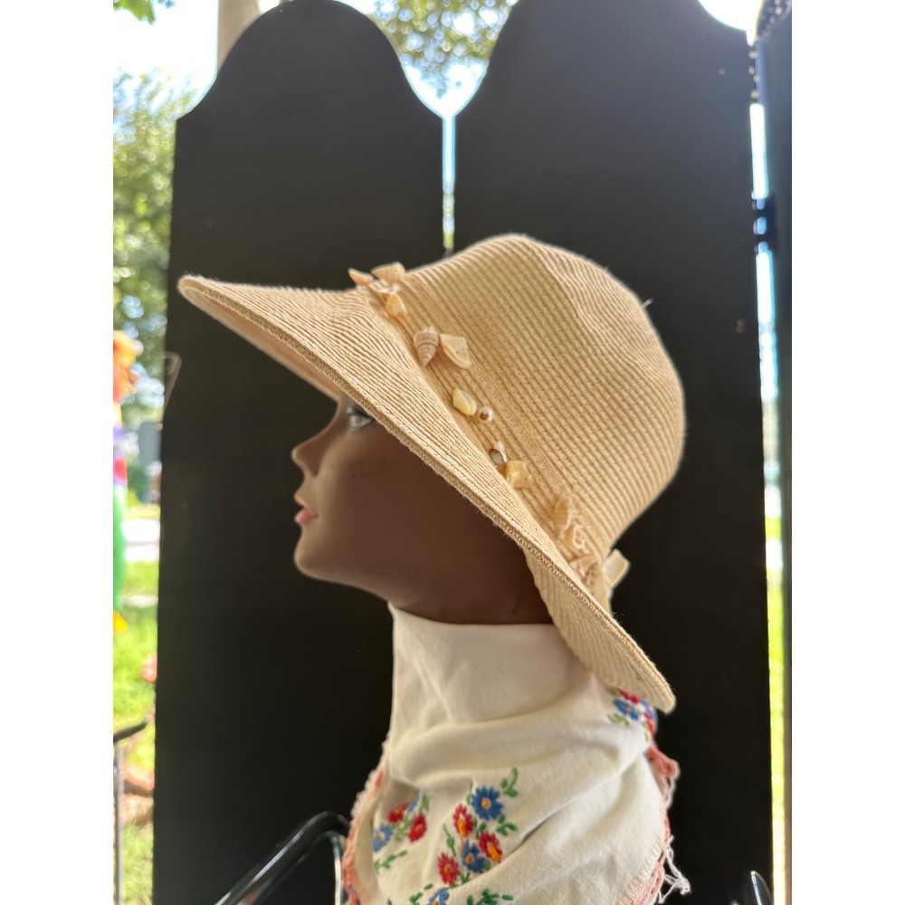 Cappelli Straworld Beige Paper Straw Sun Hat Shell Embellished Beach Wide Brim
